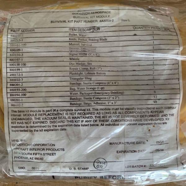 Goodrich Aerospace survival kit module Rev L content list.