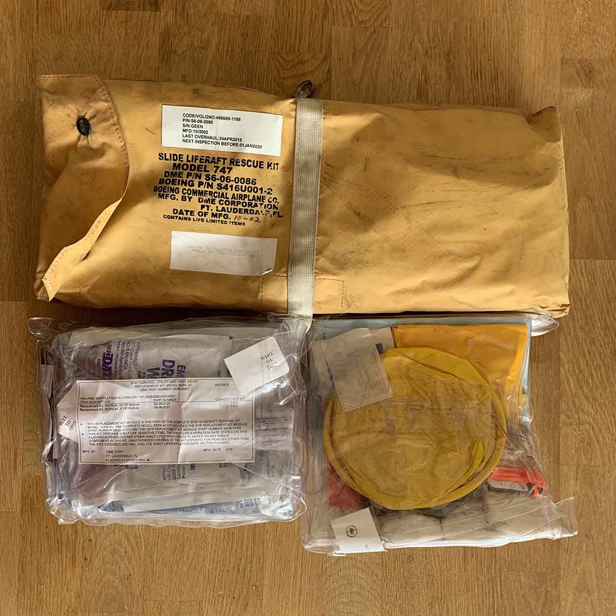 KLM Royal Dutch Airlines Boeing 747 slide liferaft rescue kit for sale.
