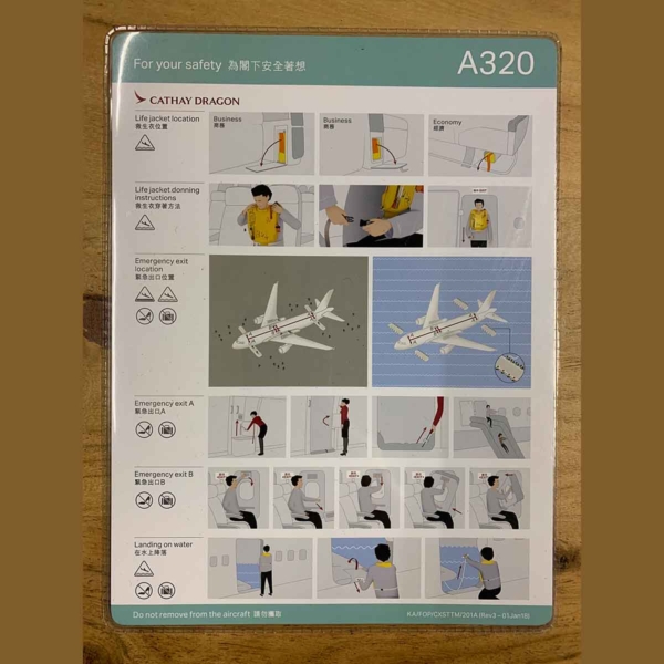 Cathay Dragon Airbus A320 safety card for sale.