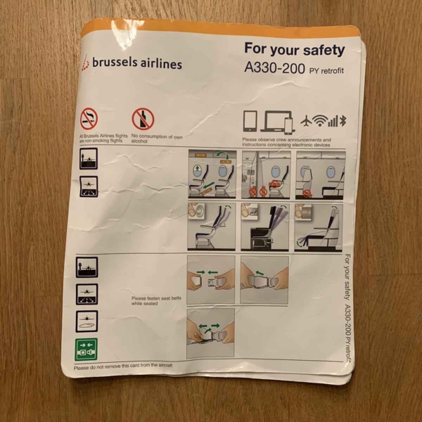 Brussels Airlines Airbus A330 OO-SFZ safety demonstration kit safety card.