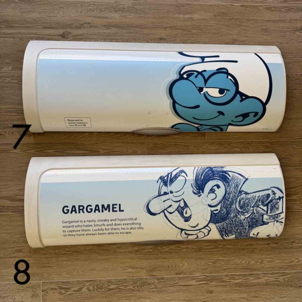 Brussels Airlines Airbus A320 OO-SND Aerosmurf luggage bin doors with Smurfs figures for sale.