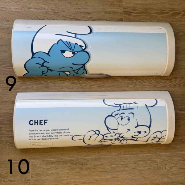 Brussels Airlines Airbus A320 OO-SND Aerosmurf luggage bin doors with Smurfs figures for sale.